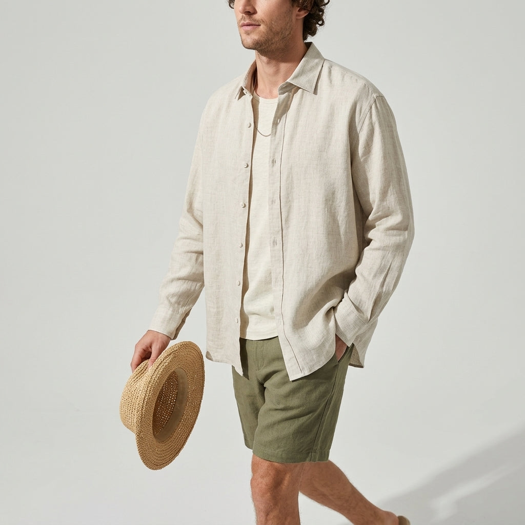 100 % Flax Linen Shirt for Men in Oatmeal Beige