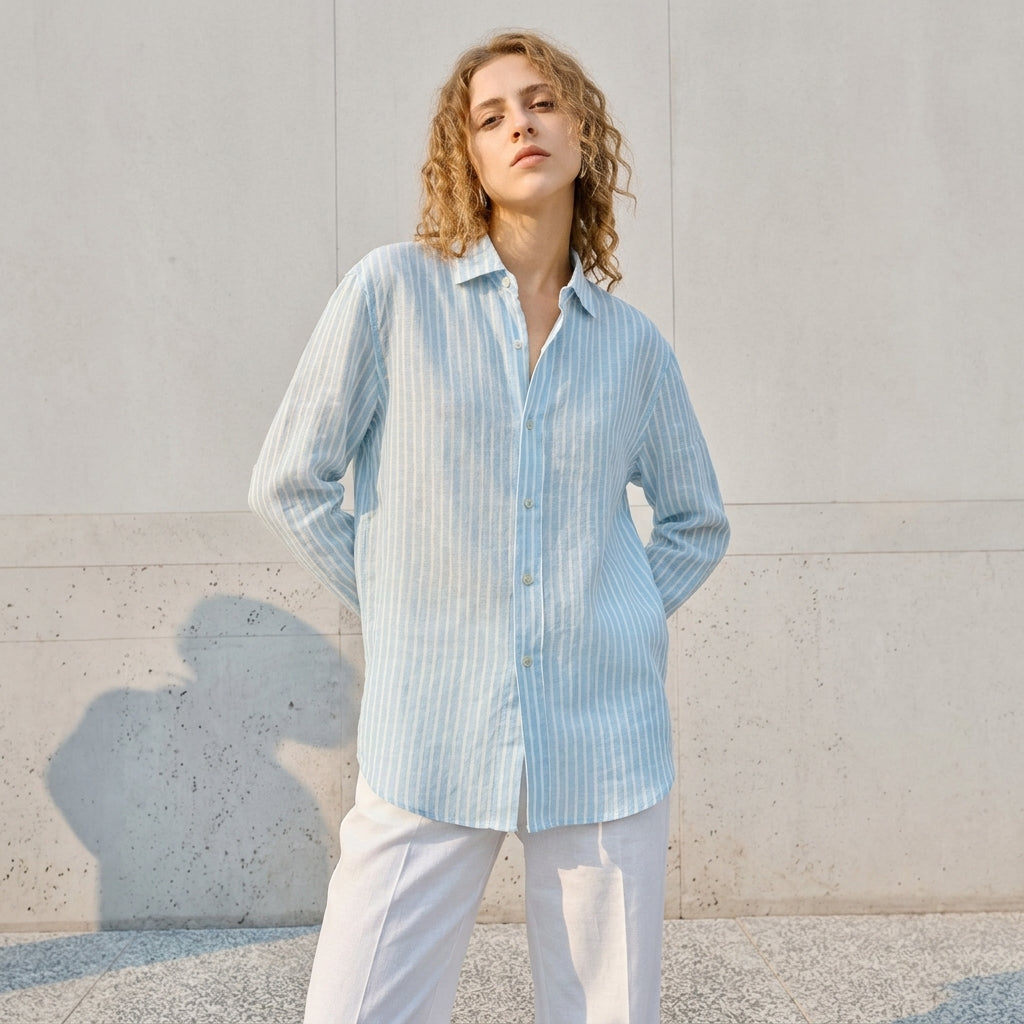 Striped Linen Shirt in Sky Blue