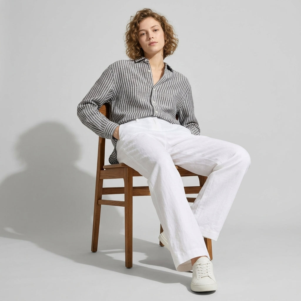 Striped Linen Shirt in Charcoal Grey