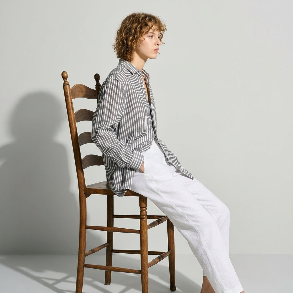Striped Linen Shirt in Charcoal Grey