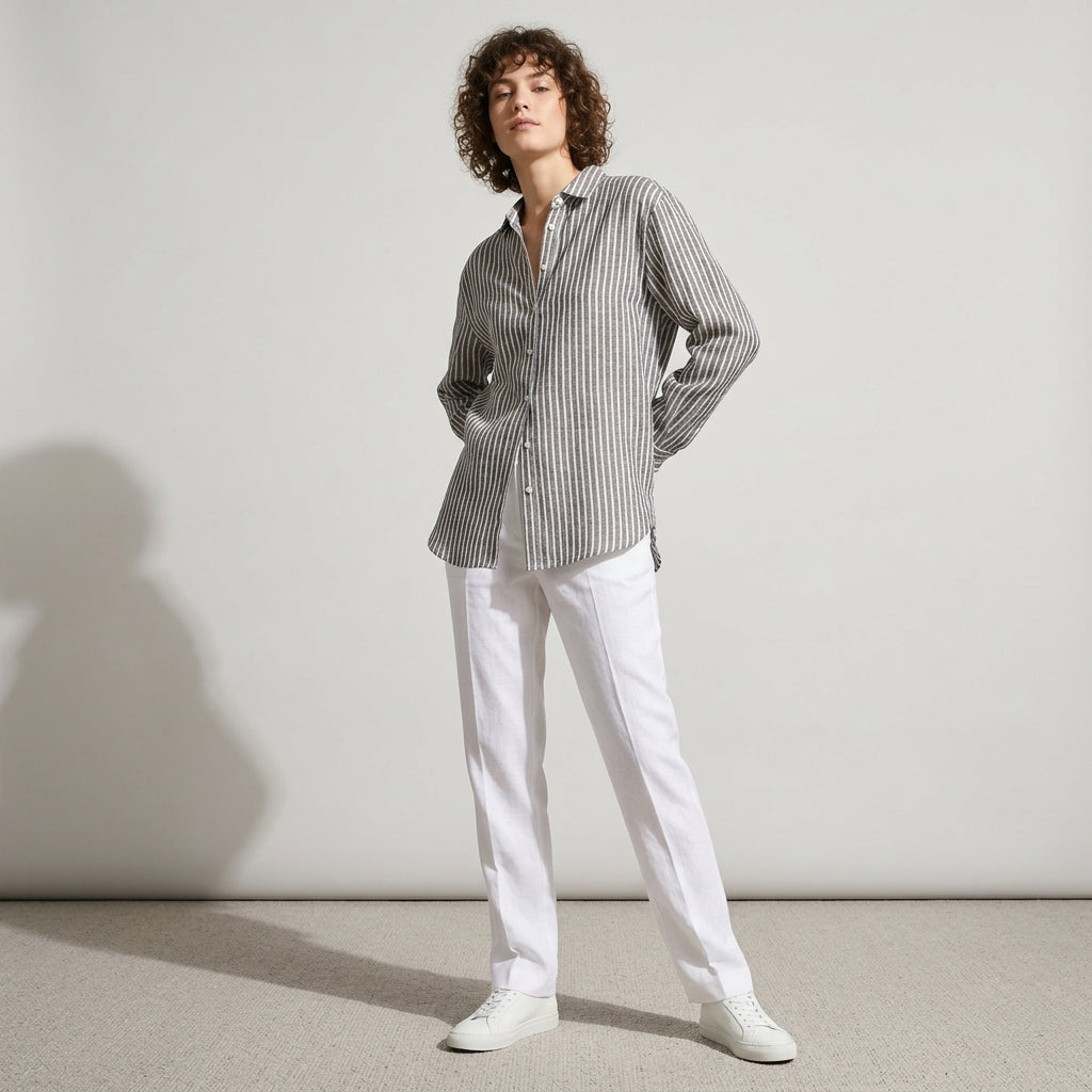 Striped Linen Shirt in Charcoal Grey