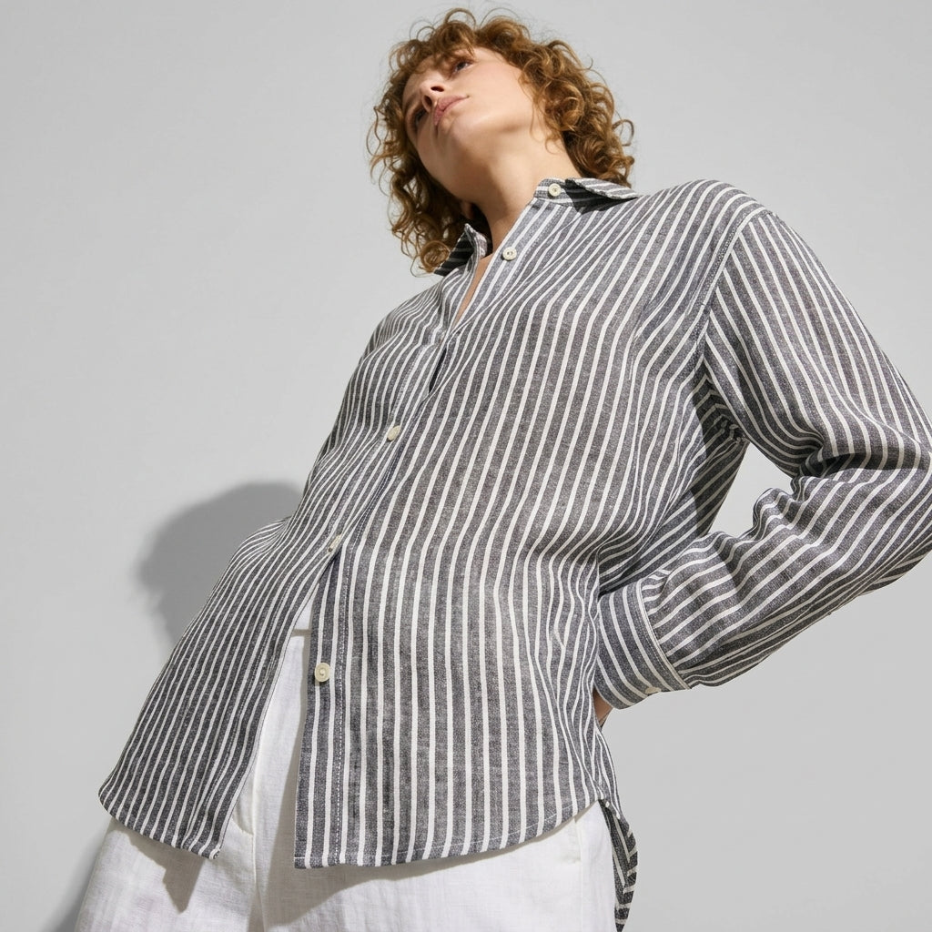 Striped Linen Shirt in Charcoal Grey