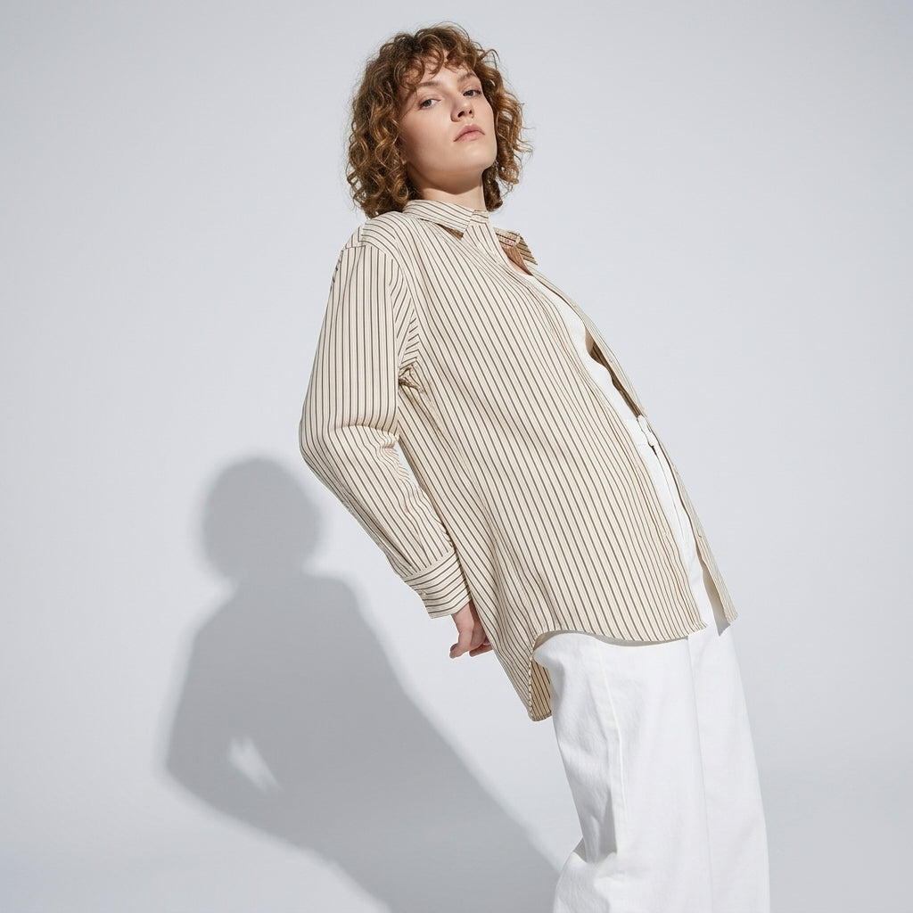 Striped Linen Shirt in Sand Beige