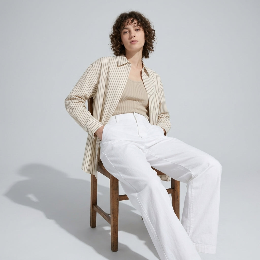 Striped Linen Shirt in Sand Beige