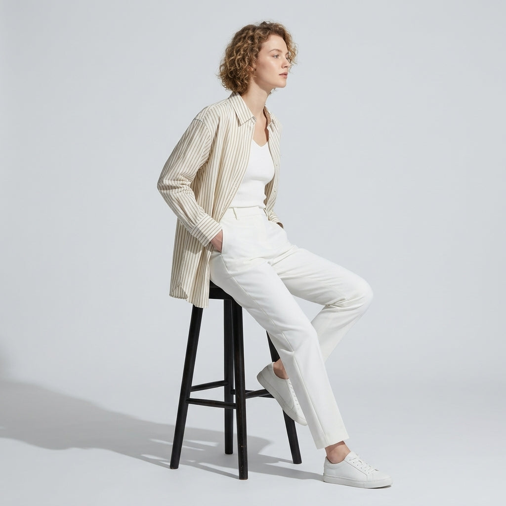 Striped Linen Shirt in Sand Beige