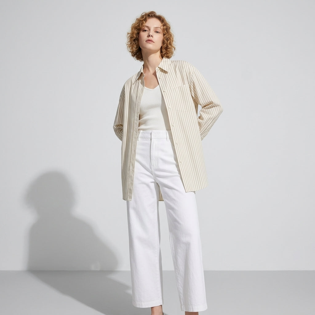 Striped Linen Shirt in Sand Beige