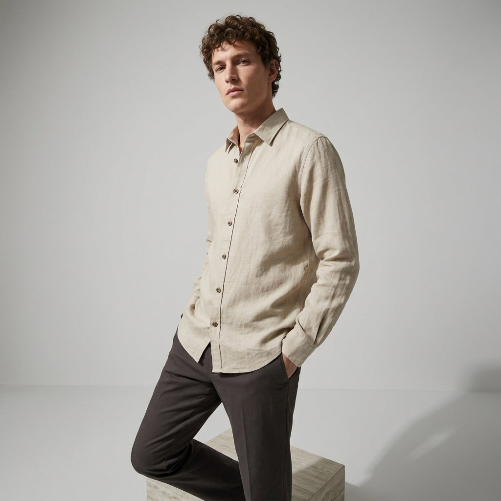 100 % Flax Linen Shirt For Men in Hemp Beige