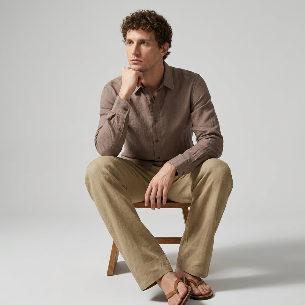 100 % Flax Linen Shirt For Men in Cocoa Tan